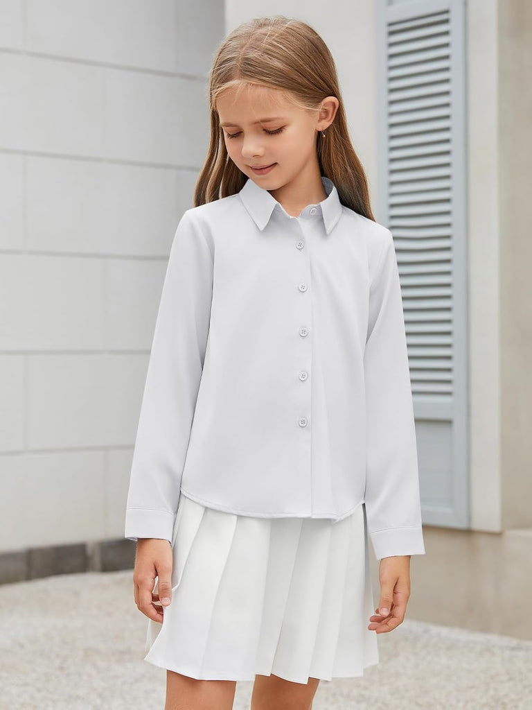 Girls Satin Silk Button Down Shirts Kids Long Sleeve Dress Shirts School Uniform Blouse