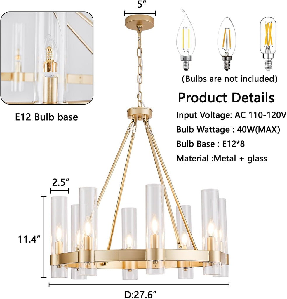 Wagon Wheel Chandelier 8-Light Glass Pendant Light, Industrial Modern Golden Pendant Light, Suitable for Living Room Lighting Fixtures, Dining Rooms, Halls, Lobbies, Bedrooms A115-B0DPMQV4NG
