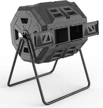 43 Gallon Dual Chamber Tumbling Composter with Integrated Thermometer - Rotatable Outdoor Compost Bin, Dual Batch