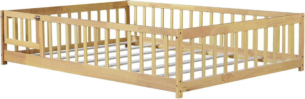 Floor Bed Frame with Fence and Door for Kids, Montessori Floor Bed with Slats and Safety Guardrails, Solid