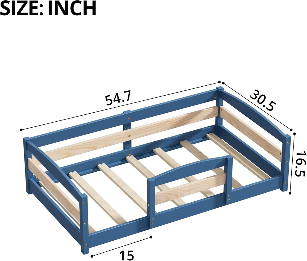 Standard Crib Size Toddler Bed, Wooden Low Montessori Floor Bed Frame with 2 Enters and Safe Guardrails for Boys and