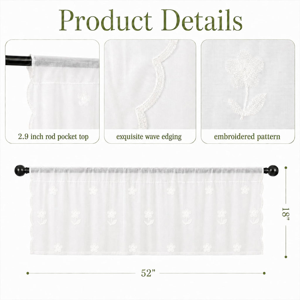 Sheer Valances for Windows Embroidered 4 Pack White Floral