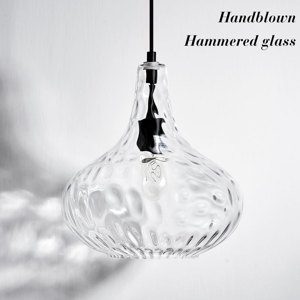 11" Clear Hammered Glass Pendant Light, Black Kitchen Island Light
