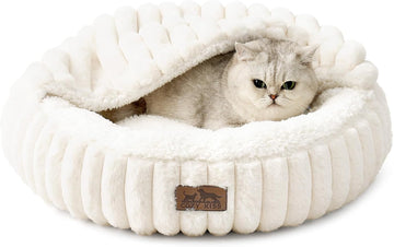 Hooded Blanket Cat Bed - Round Fluffy Donut Cuddler for Cats & Toy Dogs, Anti-Anxiety Faux Fur Pet Bed