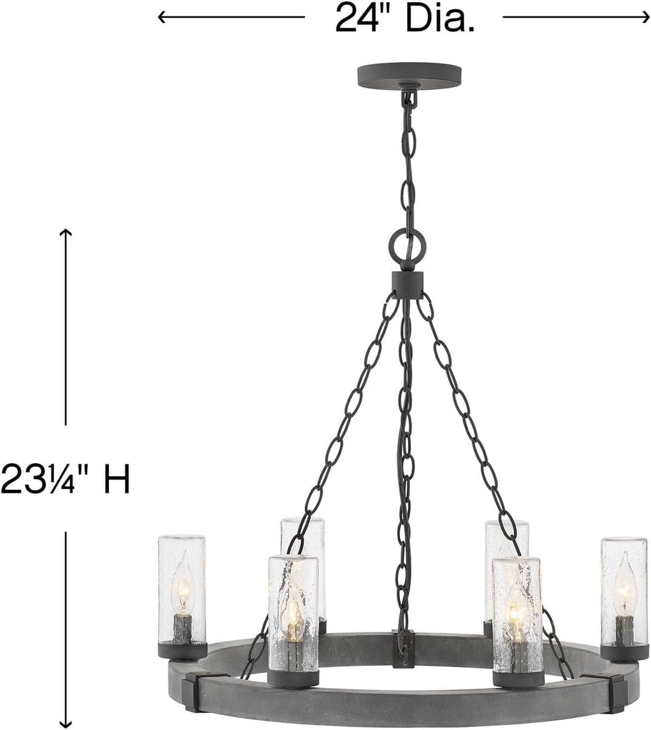 Sawyer Six Light Medium Outdoor Chandelier, Aged Zinc