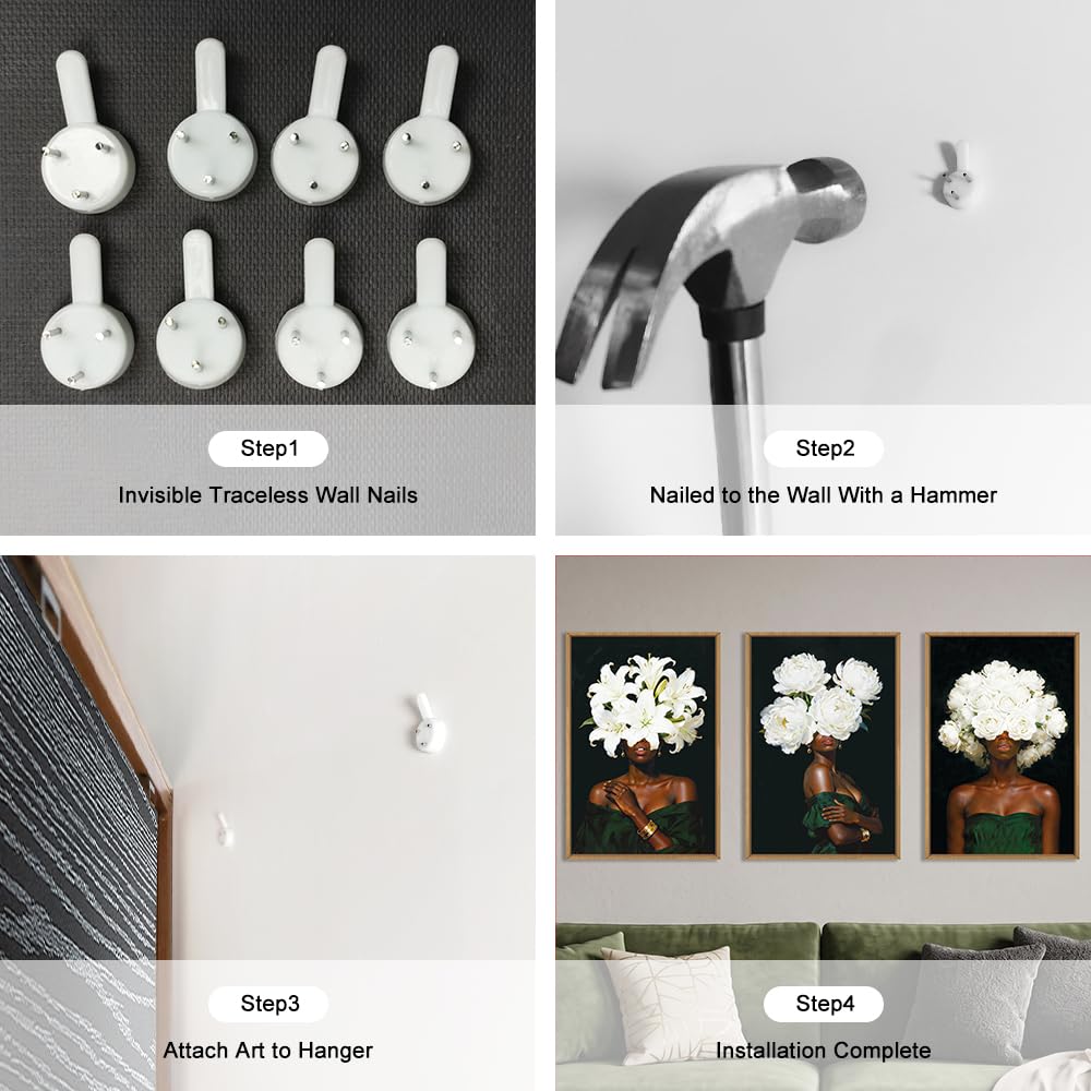 Black Woman Framed Canvas Prints Wall Art Set, Abstract White Hydrangea Wall Decor, Vintage African American Girl Art