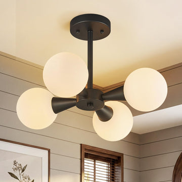 Modern Ceiling Light with Milk White Glass lampshade Black Semi Flush Mount Ceiling Light Fixture Sputnik Chandelier