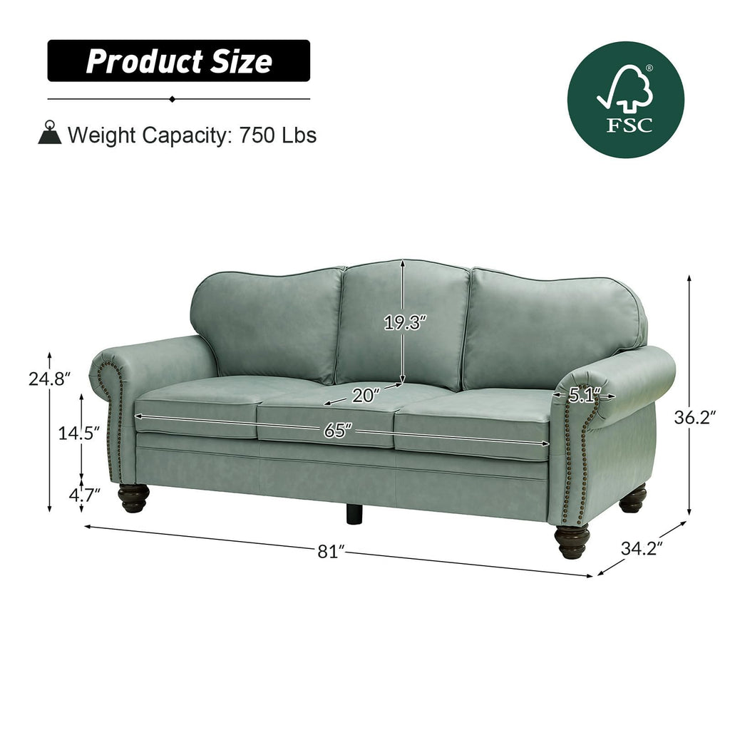 81" Genuine Leather Sofa, Classic 3-Seater Couchs with Wood Legs, Stylish & Comfortable Sofa, Easy Assembly and