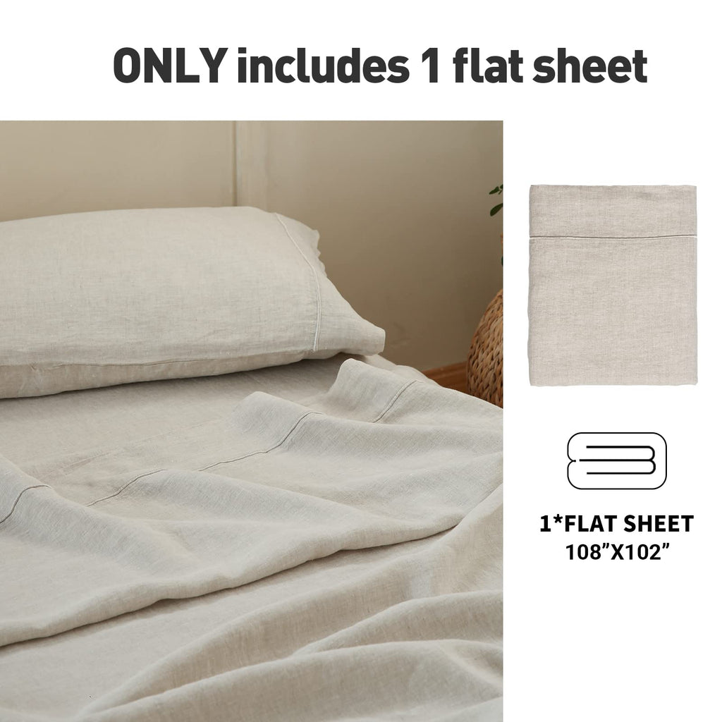 French Linen Flat Sheet with Embroidered Border-100% Stone Washed Flax Bedding, (108''x102'') Ultra