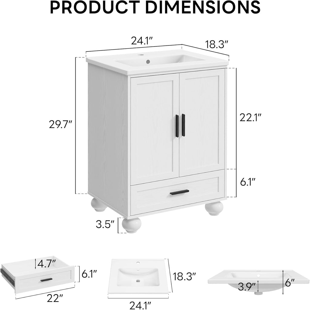 24" Bathroom Vanity with Ceramic Sink - Freestanding Cabinet with 2 Doors, 1 Drawer & Wood Legs