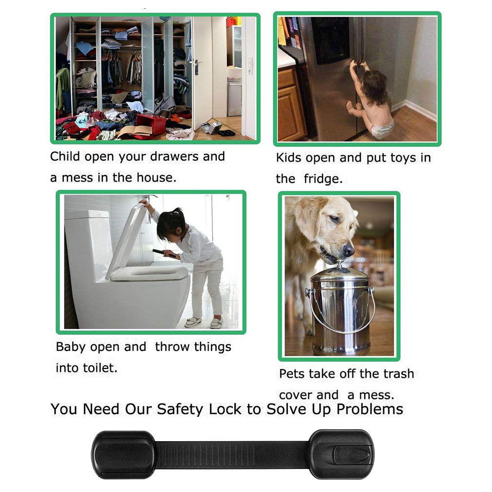 8 Pack Black Child/Baby Safety Cabinet Locks - Adjustable Strap Baby Proof Latches with No Trapped Fingers for