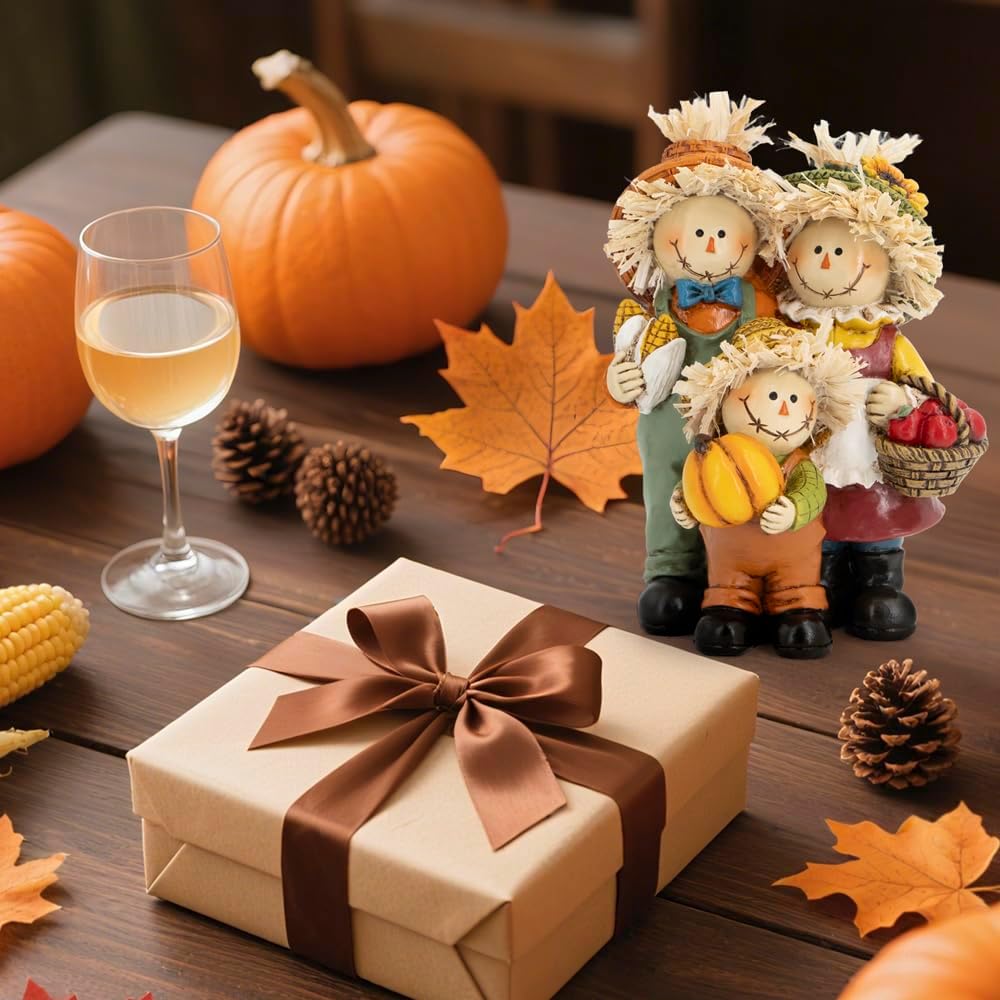 Fall Scarecrow Family Figurine, Autumn Harvest Thanksgiving Decor