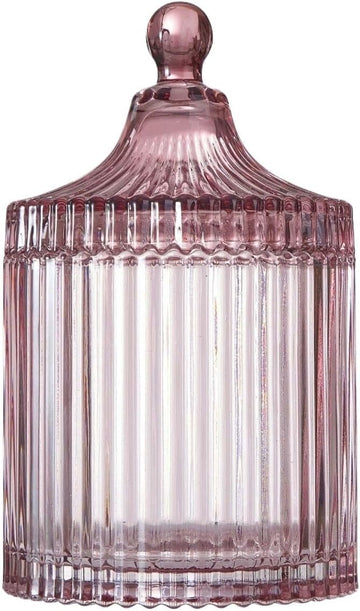 Rose Pink Ribbed Glass Lidded Storage Jar, Elegant Decorative Canister, Multipurpose Container For Jewelry, Trinkets