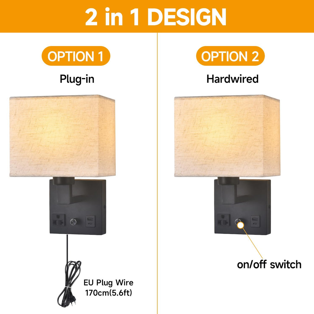 Bedside Wall Lamp, Plug in Wall Sconce - Dimmable Switch with AC Outlet & USB Charging Port, Fabric Shade, Black