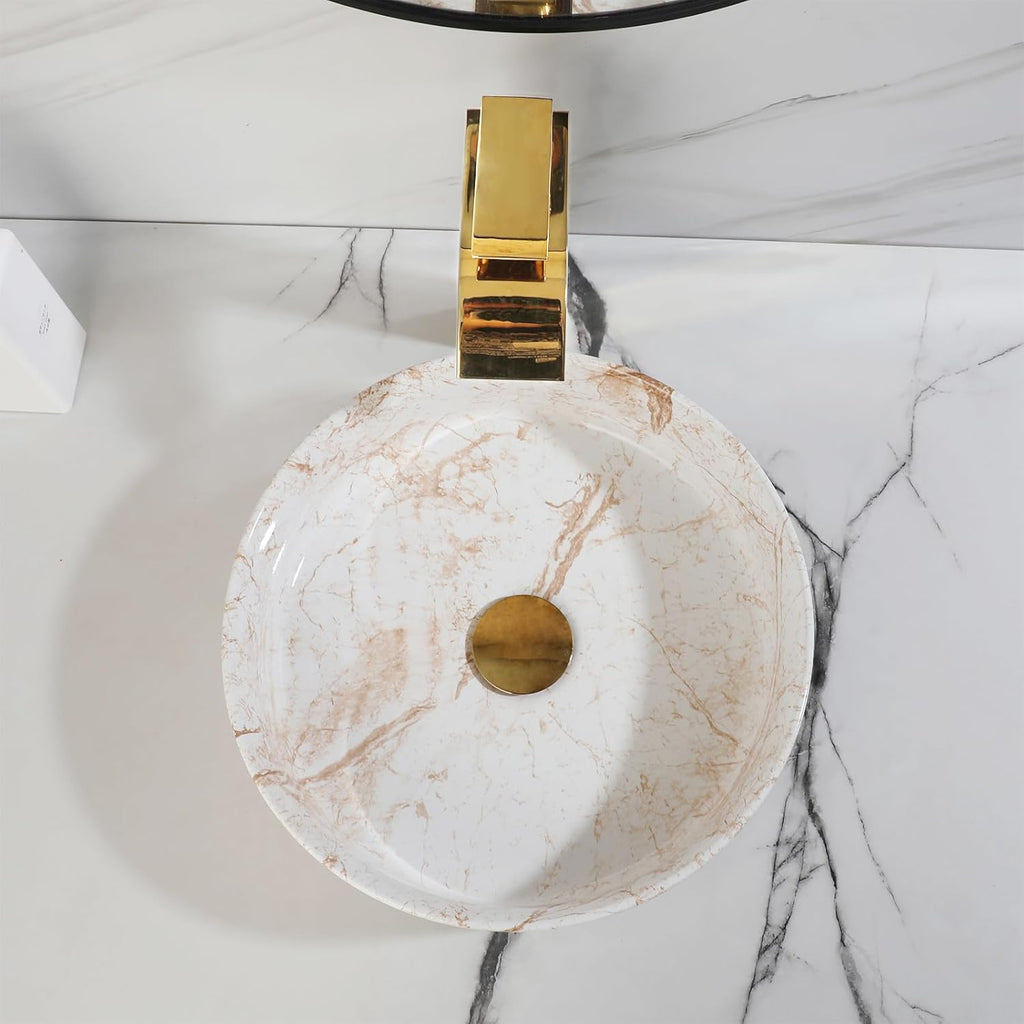 White Marbling Bathroom Vessel Sink with Waterfall Faucet and Pop-Up Drain Combo,14 Inch Ceramic Vessel Sink Above