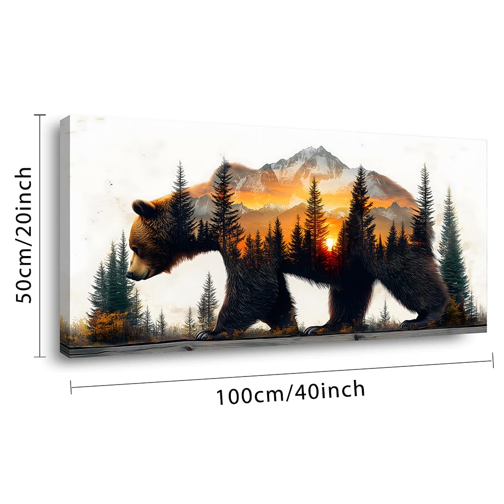 Brown Bear Forest Wall Art Office Retro Sunset Snow Mountain Rustic Wildlife Painting Prints Vintage Modern Art Deco