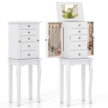 Standing Jewelry Cabinet Armoire with Top Flip Mirror, Jewelry Box Chest with 4 Drawers, Top Compartments, 8 Necklace