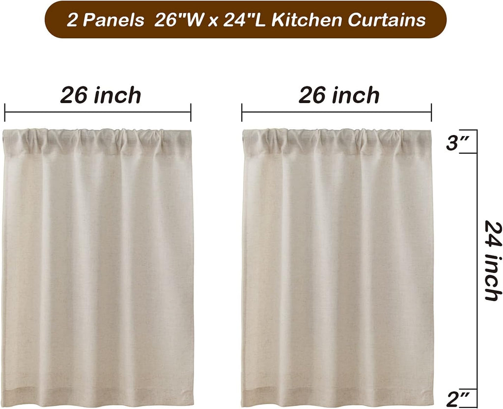 Linen Kitchen Curtains 24 Inch Length Rustic Farmhouse Crude Short Cafe Curtains Rod Pocket Tiers for Small Window