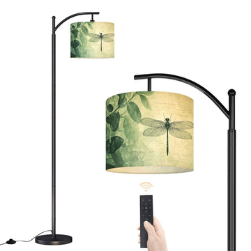 Arc Floor Lamp Vintage Dragonfly Botanical Retro Leaves Handwritten Script Natural Dimmable Modern Standing Lamp with