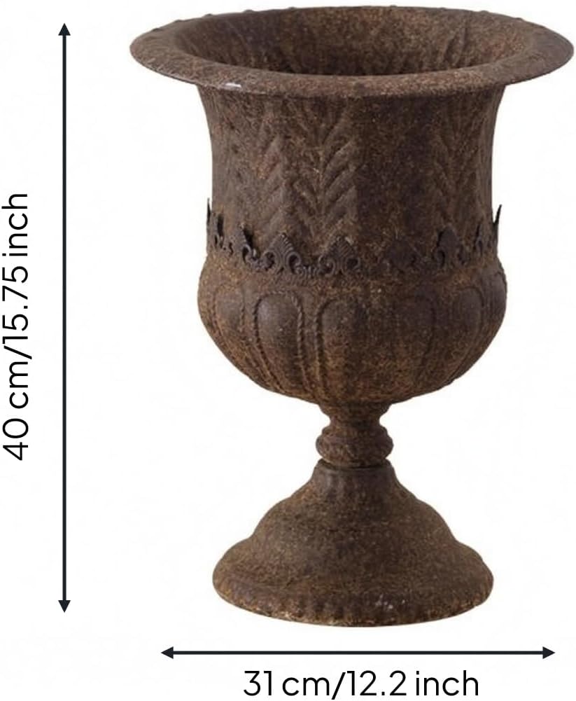 Outdoor Trophy Planter Urn Planter Vase Pedestal Pot Iron Construction with Embossed Banding and Distressed Finish