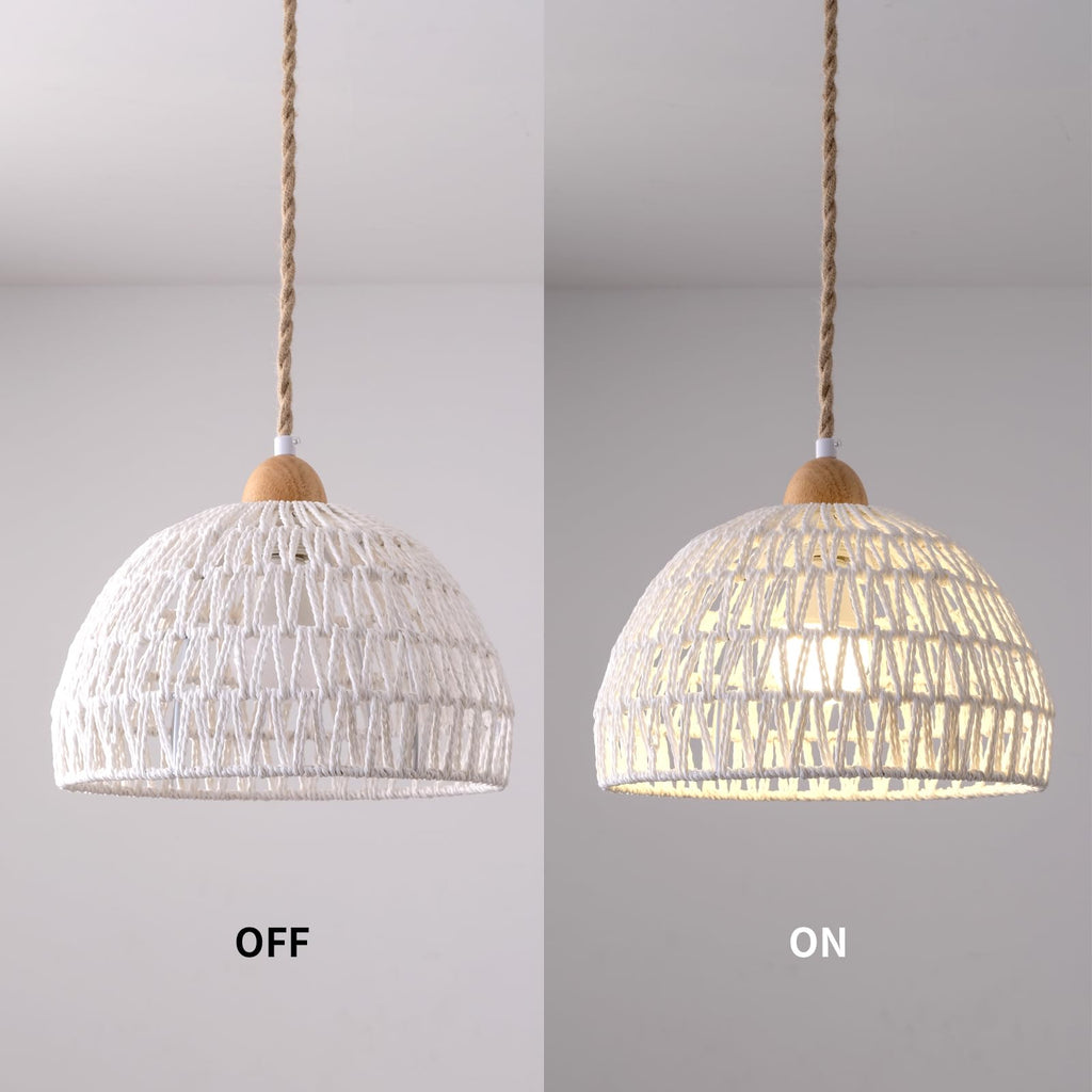 Plug in Pendant Light, Hanging Lamp with Plug in Cord, Hand Woven Rattan Lamp Shade, 15FT Hemp Rope Pendant Lamp Cord
