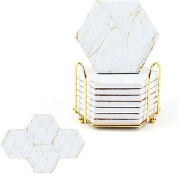 Marble Coasters for Drinks Absorbent with Cork Base, Drink Coasters for Wooden Table with Metal Holder, Gold - Set of 8