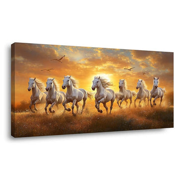Sunrise Running Horses Canvas Wall Art Majestic White Stallions Galloping in Meadow Sunset Landscape Painting Print