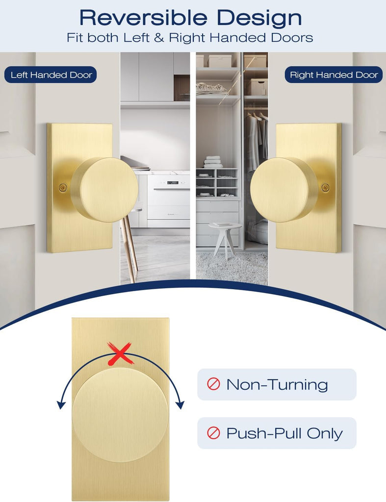 1 Pack Gold Door Knobs Interior, Single-Sided Dummy Door Knob