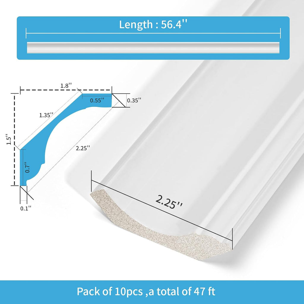 High Impact Crown Molding Trim for Ceiling, 10-Pack, 2.25" W, White