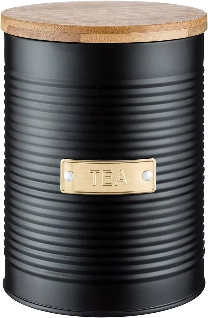 Black Metal Canisters with Wooden Lids - Set of 4 Airtight Storage Tins for Coffee, Tea, Sugar & More - Modern Ribbed