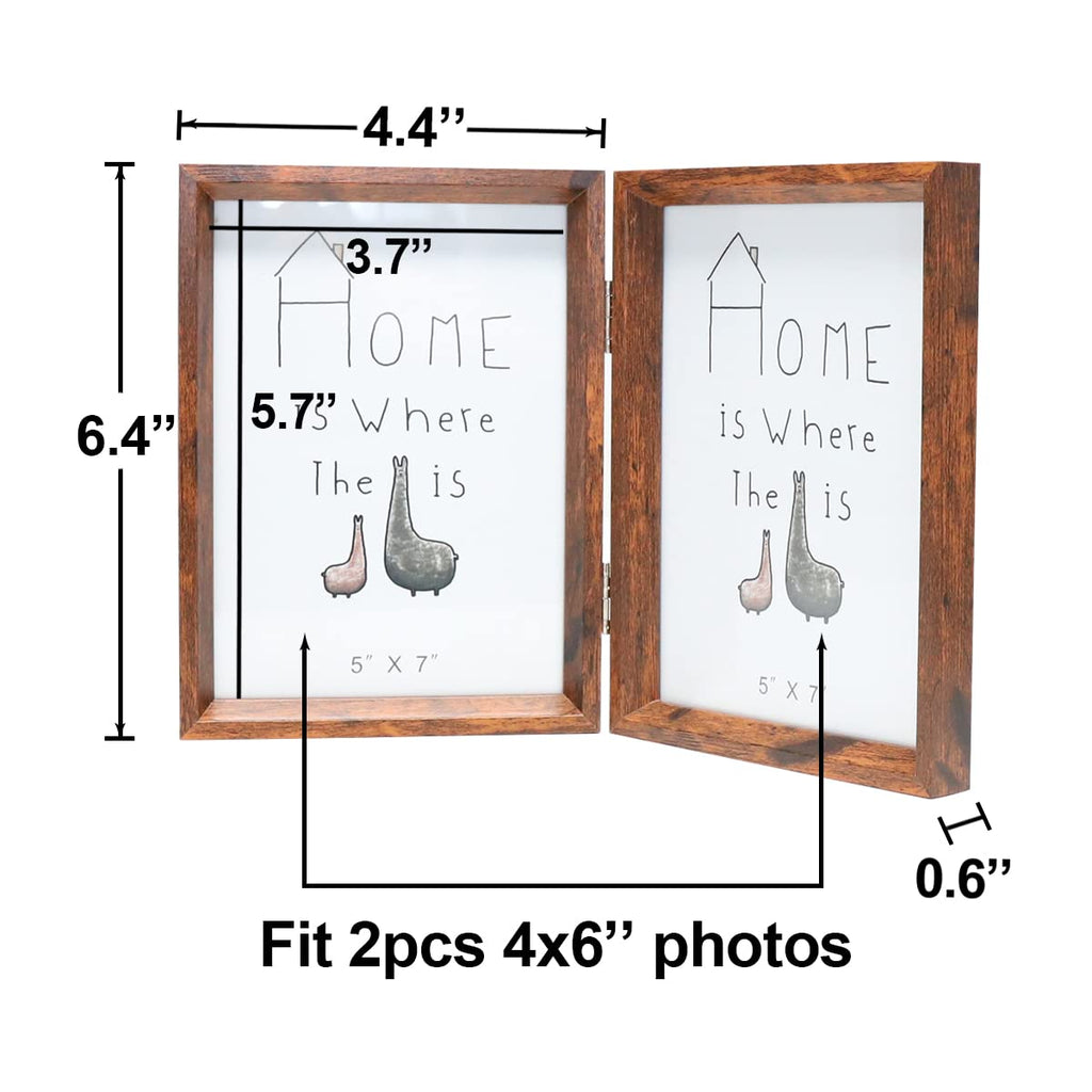 4x6 Double Picture Frame Rustic Brown Wooden Hinged Beveled Photo Frame Definition Glass 2 Vertical Openings Stand on
