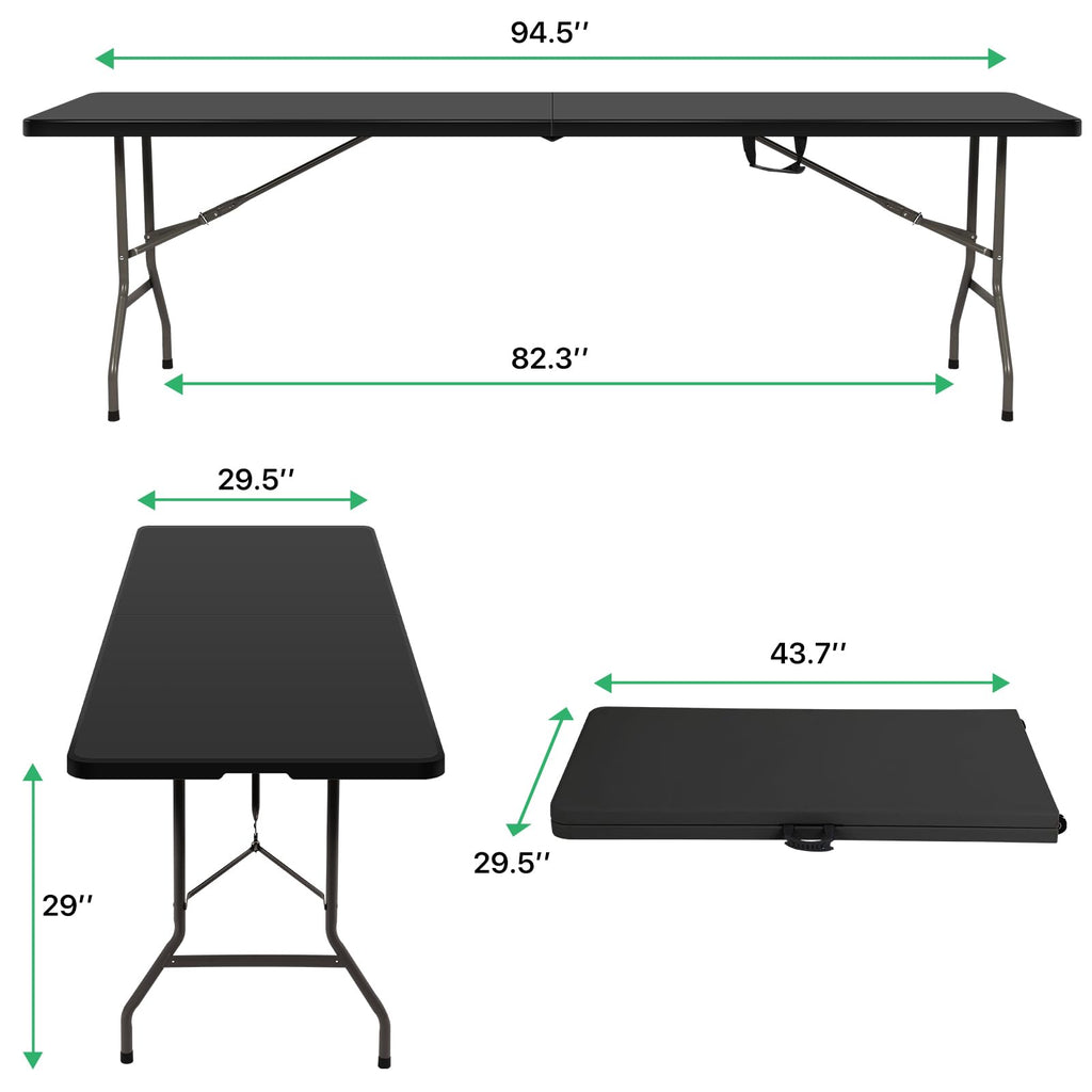 8 FT Folding Table with Built-in Handle and Steel Legs Black