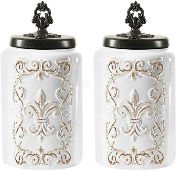 Floral Ceramic Kitchen Canister Set w/Clamp Lid White - Set of 2