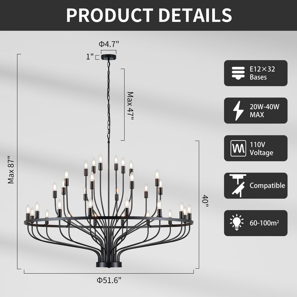 51.2" 32-Light Black Chandelier, Modern Farmhouse Candle Chandelier