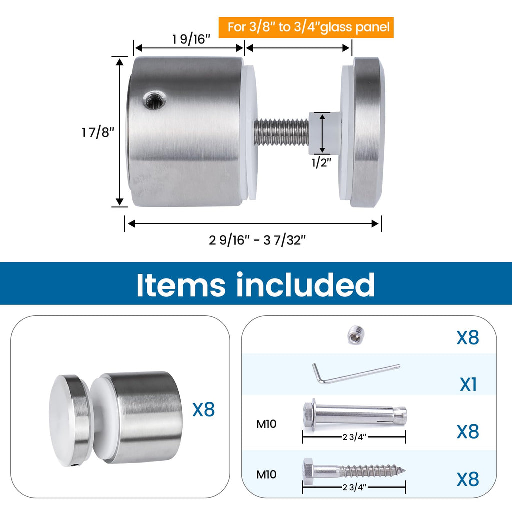 8Pack 1 7/8"(48mm) Brushed Glass Railing Standoff Screw Pin GA06 SL4
