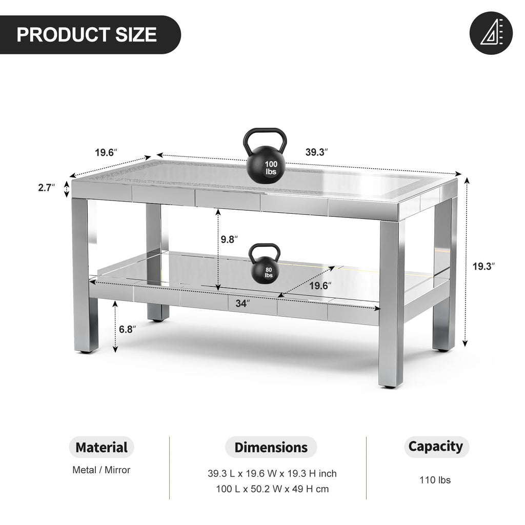 Mirrored Coffee Table with 2 Tiers Storage & LED Light