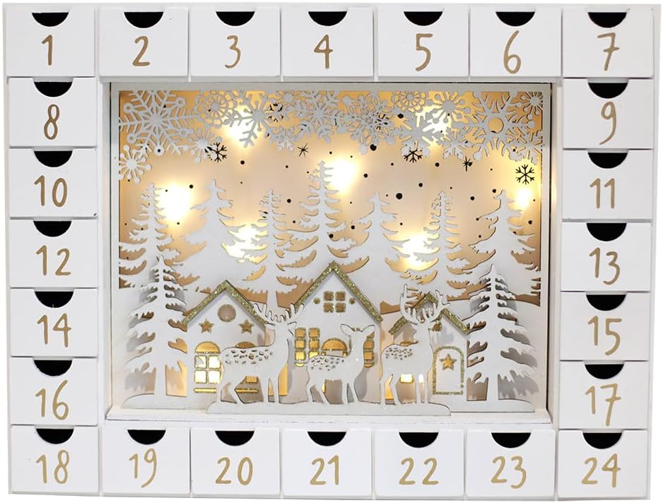 Christmas Wooden Advent Calendar with 24 Drawers to Fill Small Gifts Christmas Scene with LED Lights Countdown to