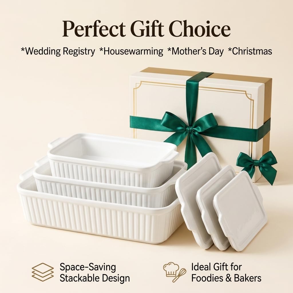 Rectangular Ceramic Baking Dish Set with Lids, Casserole Dishes for Oven