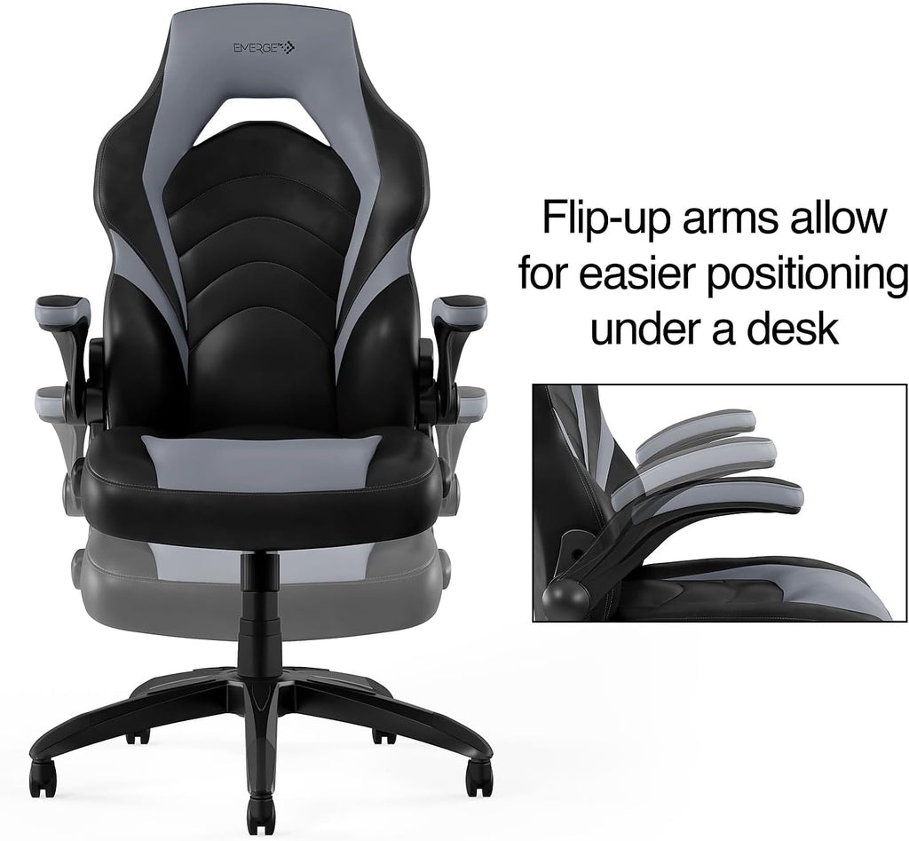 Emerge Vortex Gaming Chair, Adjustable Height, Swivel Black | Racing-style design with sturdy swivel base, ideal for