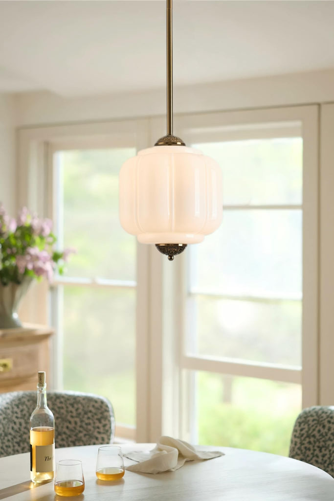 Milk Glass Ceiling Light Fixture, 9.8" Vintage Semi Flush Mount Pendant Light with Antique Brass Finish, Schoolhouse