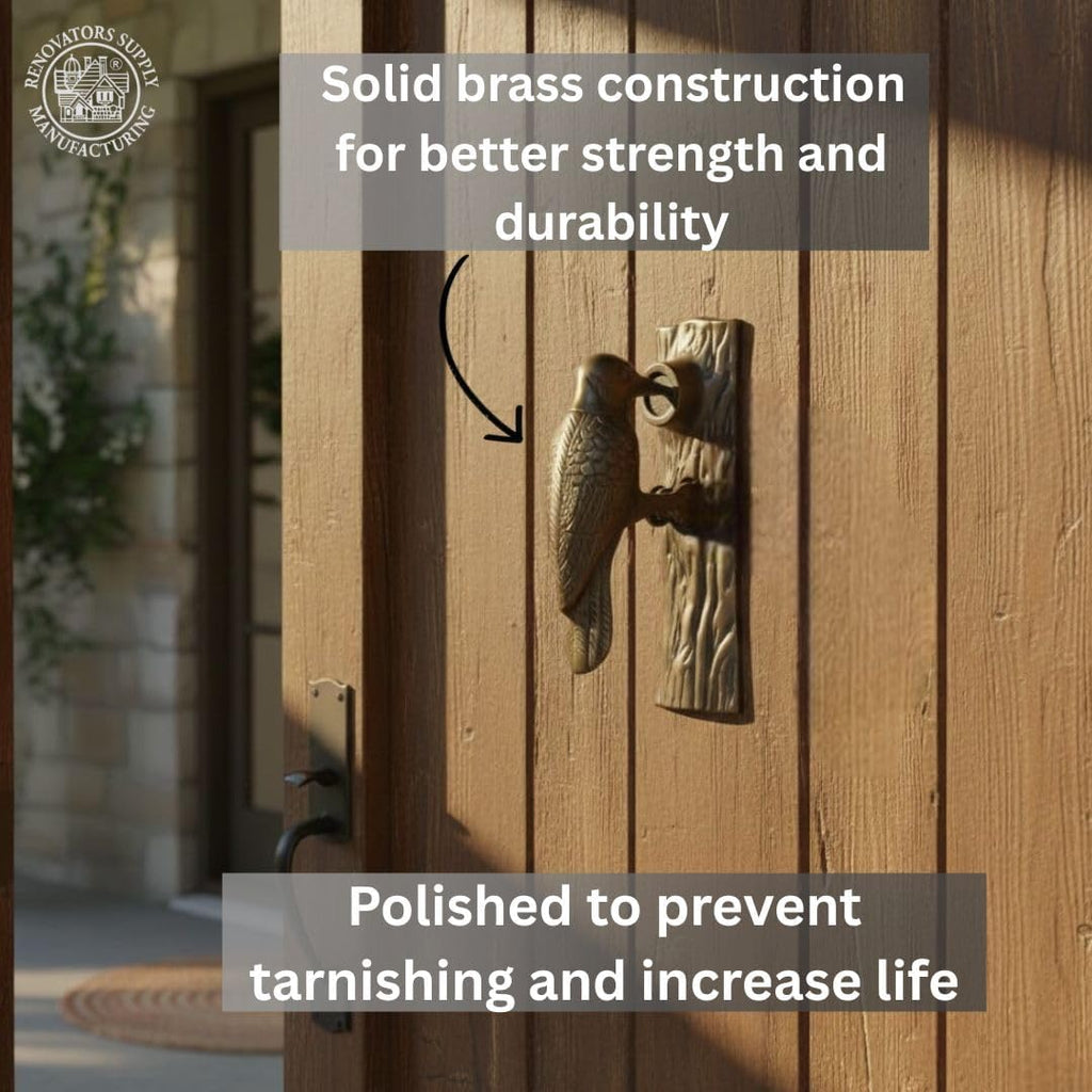 Solid Brass Woodpecker Door Knocker, 6.5" in Antique Brass Finish with Mounting Hardware