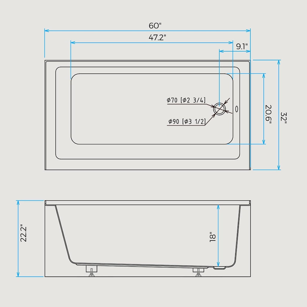 60 in x32 in Acrylic Drop-In Bathtub, Glossy White Recessed Soaking Tub with Single Apron, Right Drain and Integral