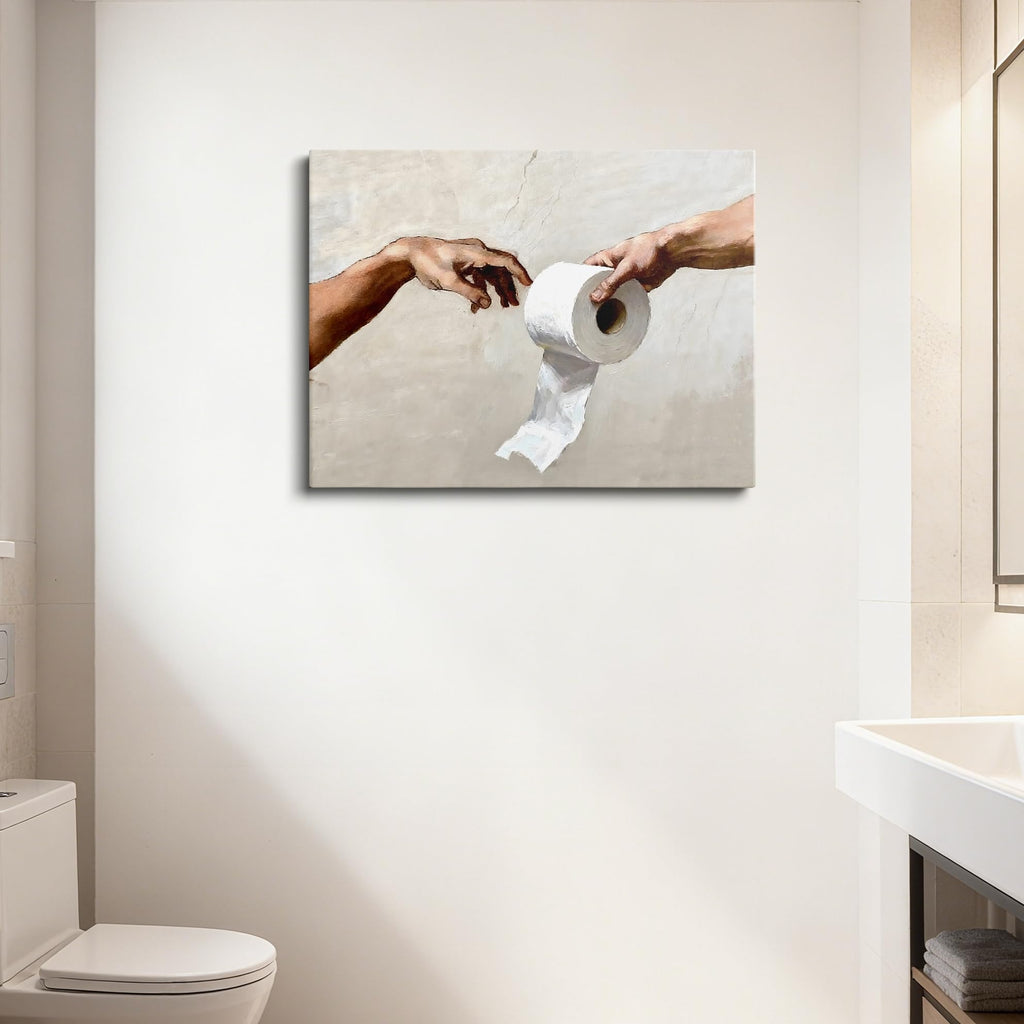 Funny Toilet Paper Wall Art, Michelangelo's Creation of Adam Parody with Toilet Paper Roll, Humorous Bathroom Canvas