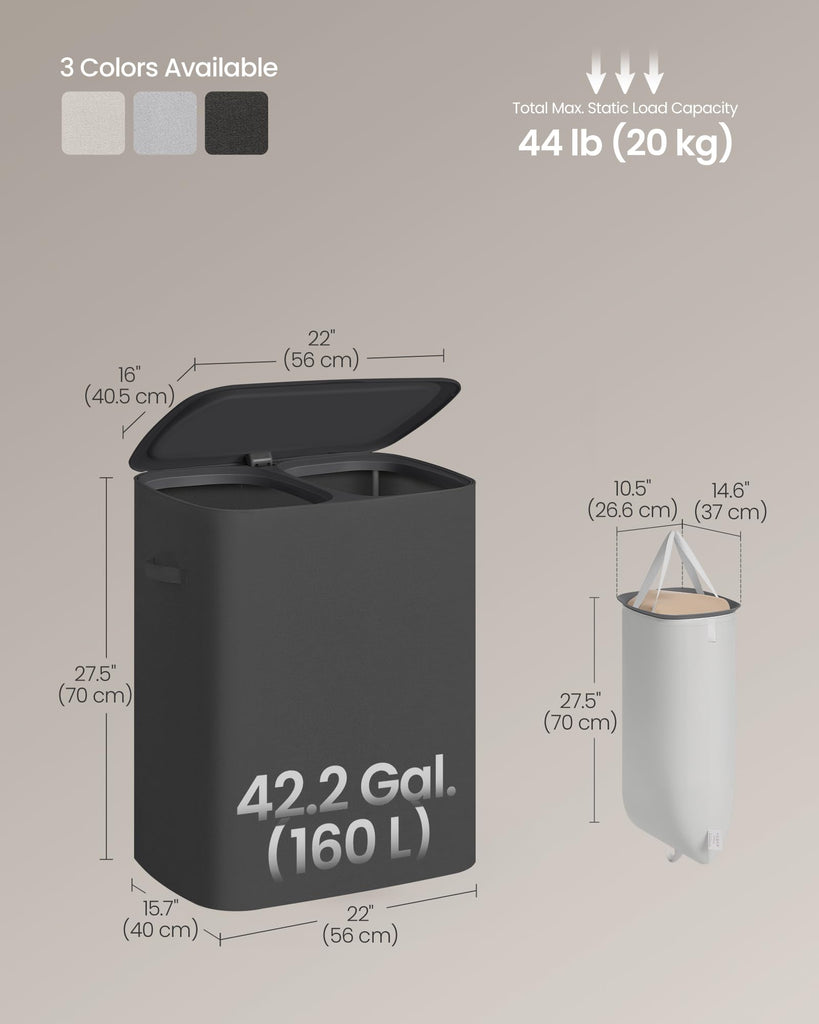 Laundry Hamper with Lid, 160L Double Laundry Basket, Steel Frame