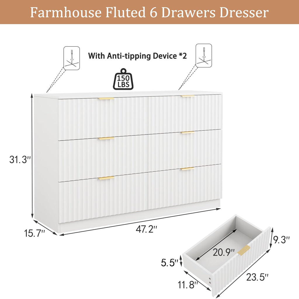 47.2" Wide Fluted 6 Drawer Dresser, White
