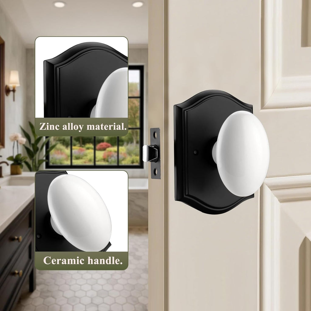 White Door Knobs with Black Trim, Egg Porcela Door Handles