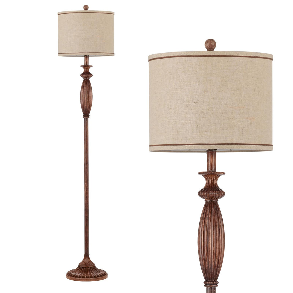 Vintage Floor Lamp, Rustic Standing Lamp with Linen Shade, Dark Wood Grain