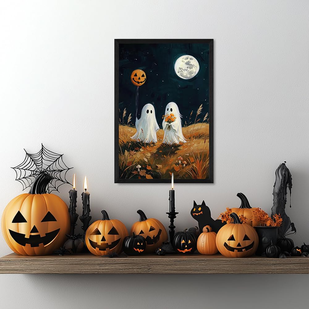 Halloween Ghost Canvas Wall Art Cute Ghost Pumpkin Moon Landscape Vintage Farmhouse Framed Wall Decor Hallway Autumn