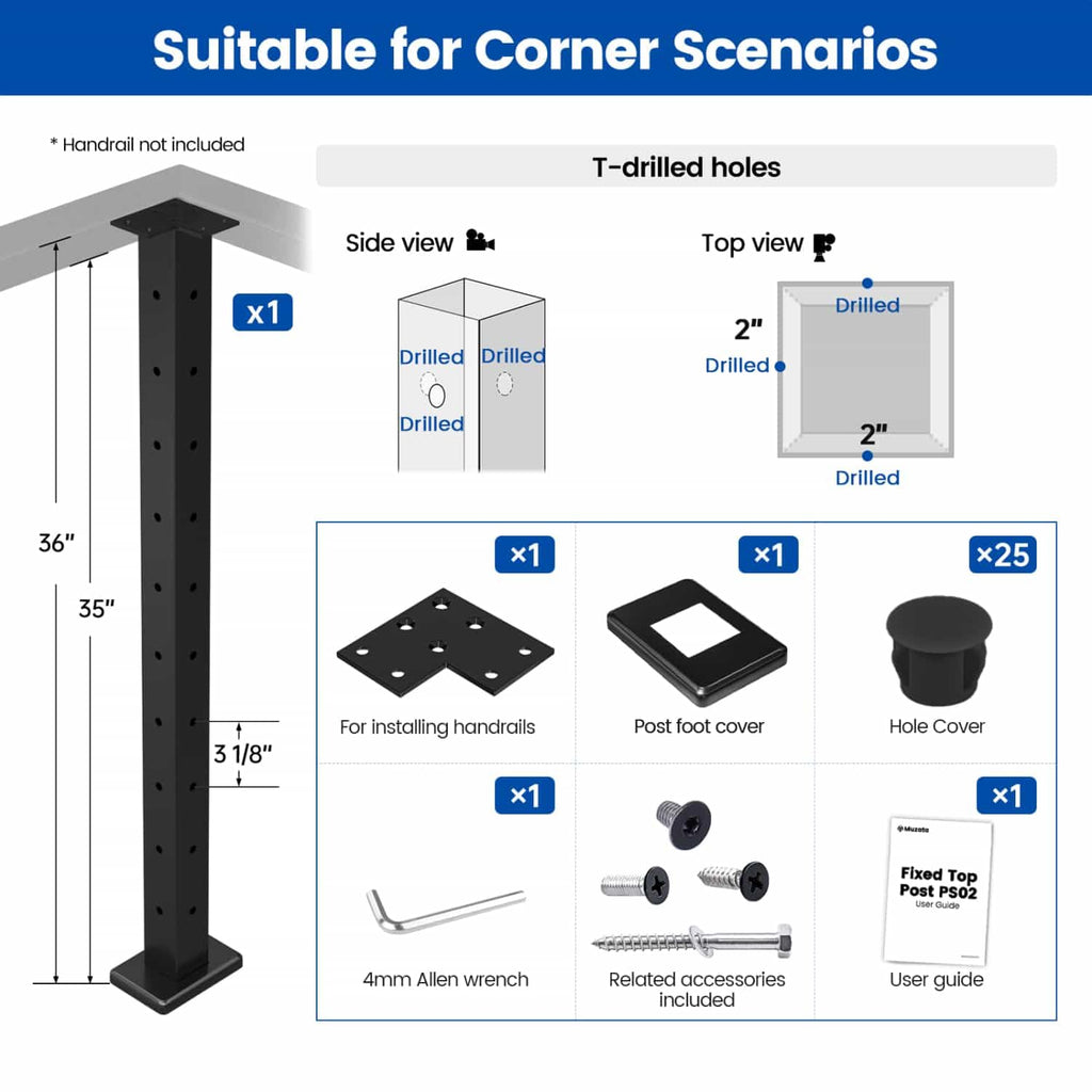 36" Black Cable Railing Corner Post Surface Mount PS02 B34S