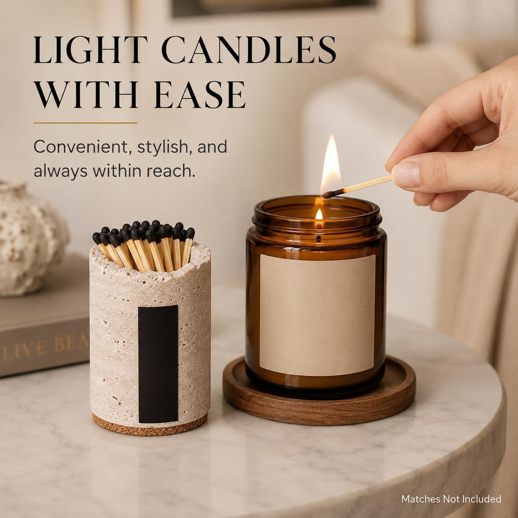 Natural Travertine Match Holder with Striker for Candle Home Decor - Matches Not Included